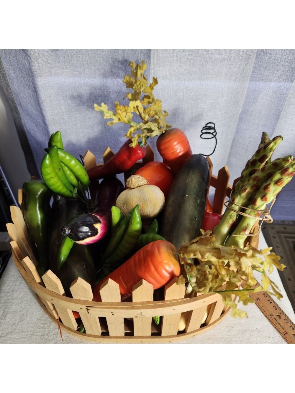 Artificial Vegetable Basket With 19 Pieces Of Faux Produce In Rustic Wooden Fenc